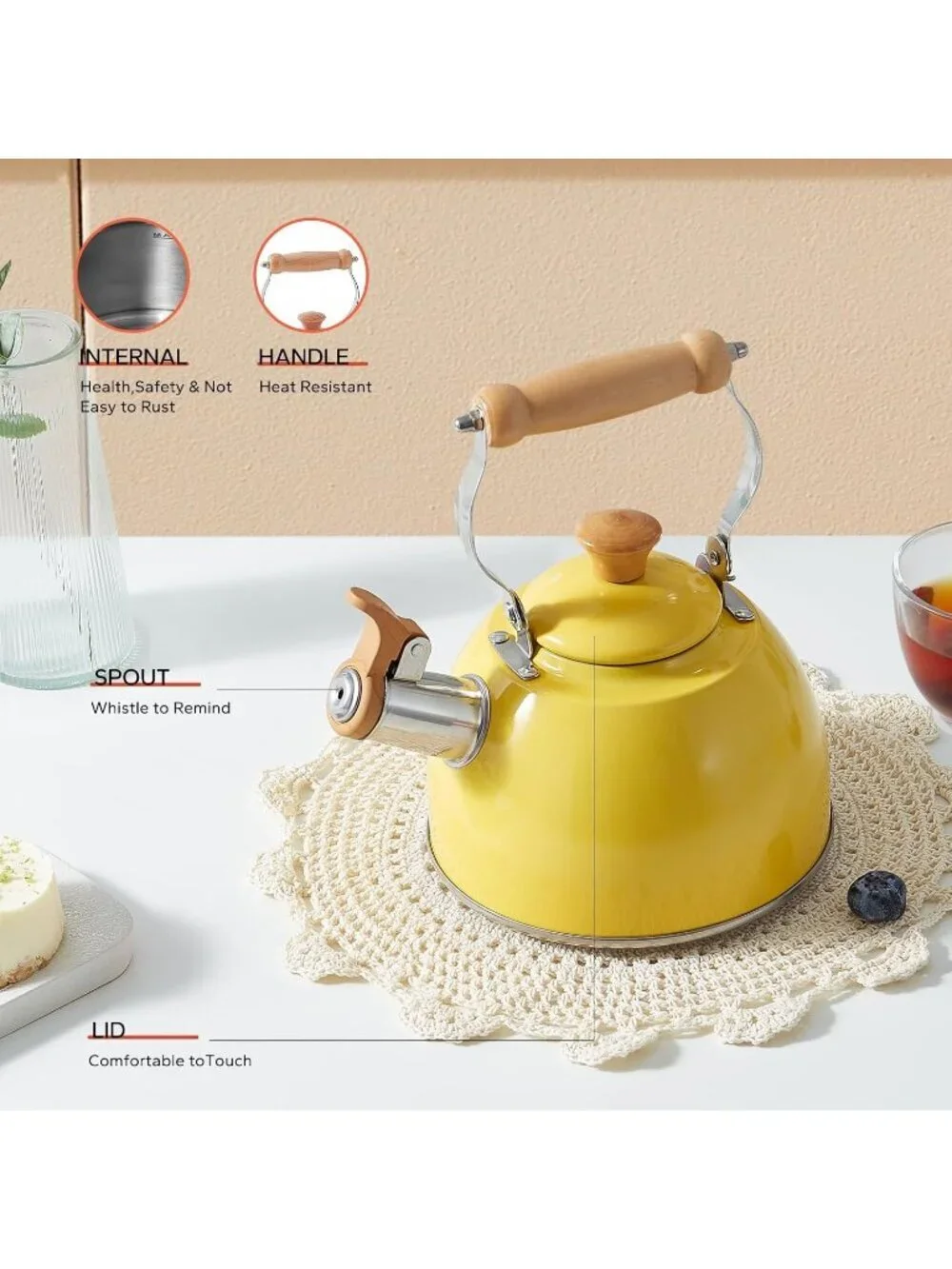 ROCKURWOK 1.6 Quart Yellow Whistling Tea Kettle Stainless Steel Stovetop Tea Pot